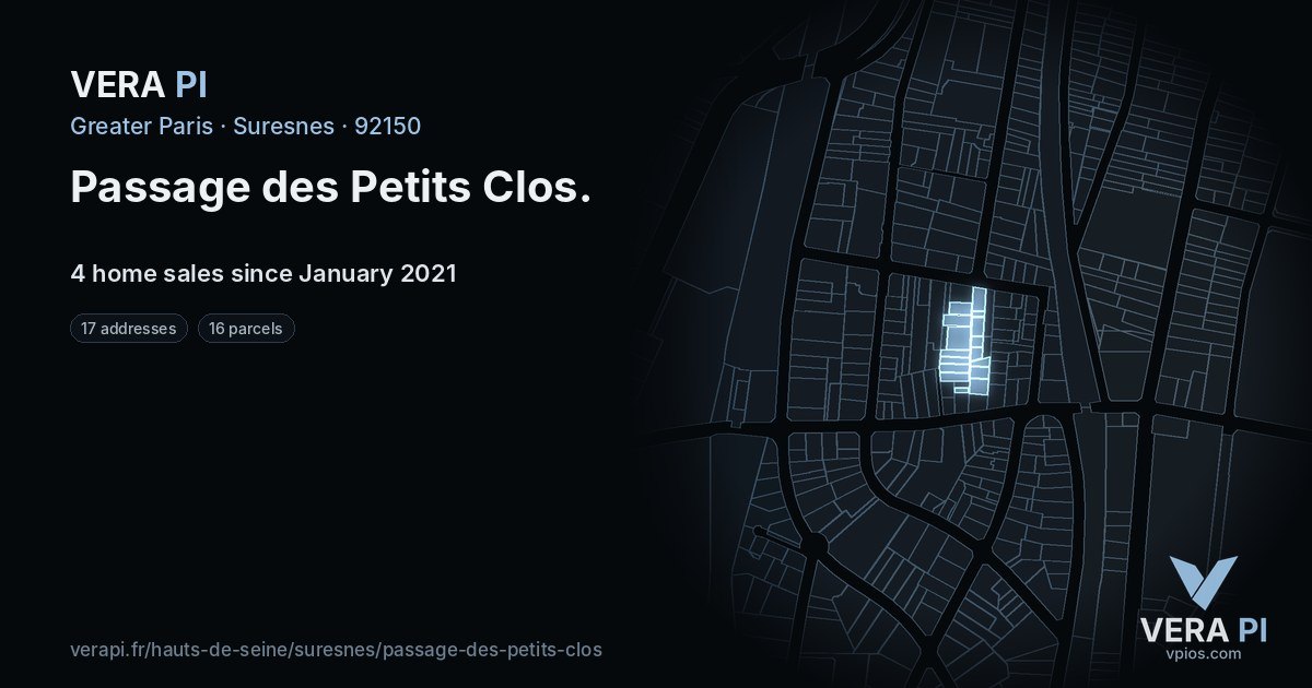 Passage des Petits Clos, Suresnes at night – every parcel coloured by the prices around it, the street's own parcels lit
