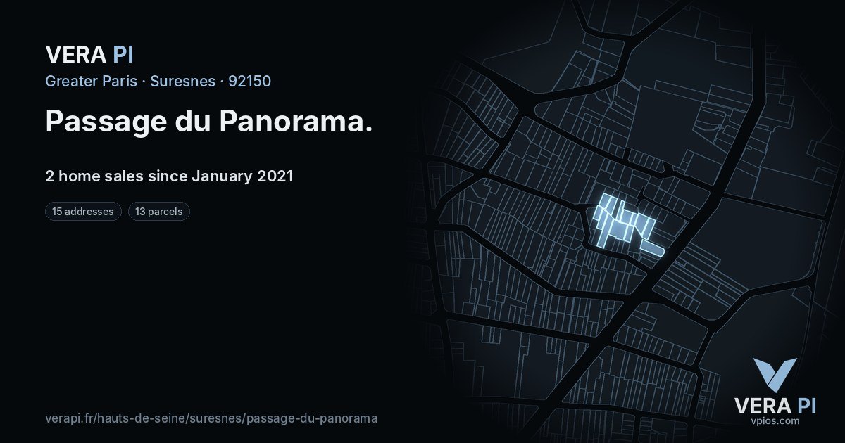 Passage du Panorama, Suresnes at night – every parcel coloured by the prices around it, the street's own parcels lit