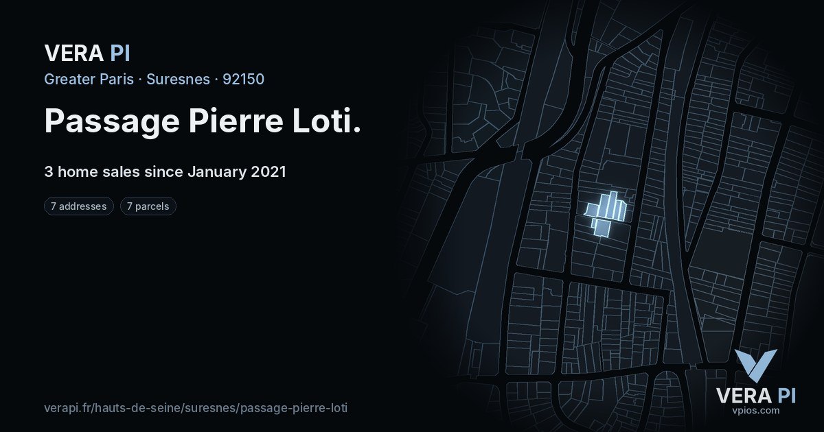 Passage Pierre Loti, Suresnes at night – every parcel coloured by the prices around it, the street's own parcels lit