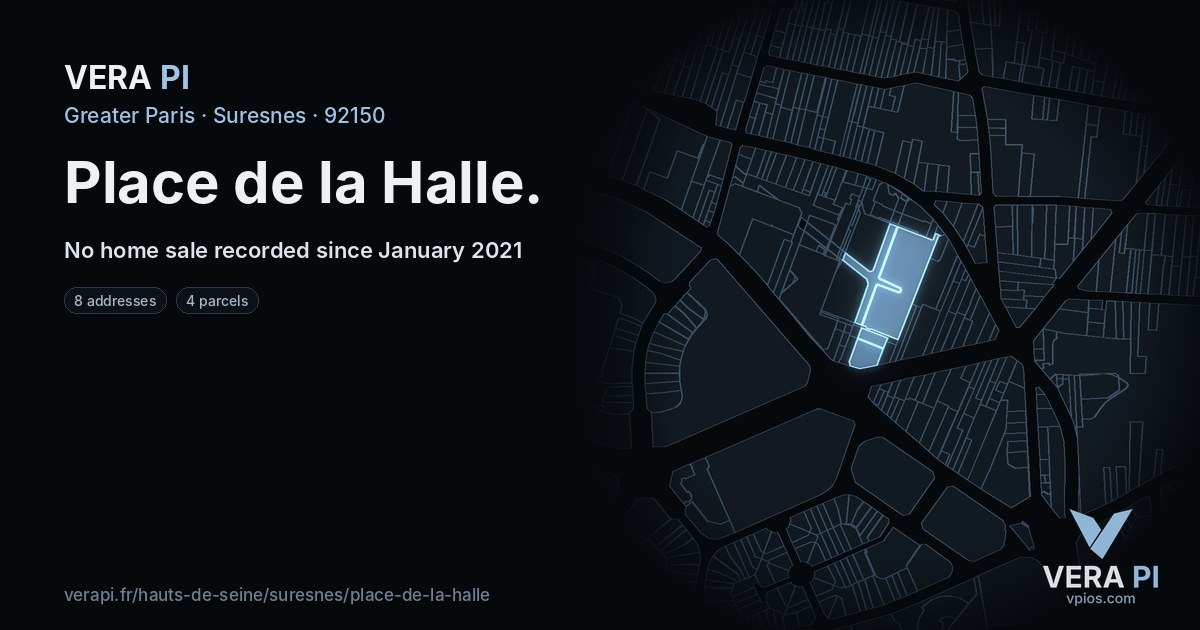 Place de la Halle, Suresnes at night – every parcel coloured by the prices around it, the street's own parcels lit