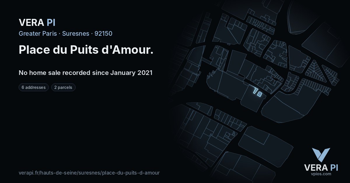 Place du Puits d'Amour, Suresnes at night – every parcel coloured by the prices around it, the street's own parcels lit