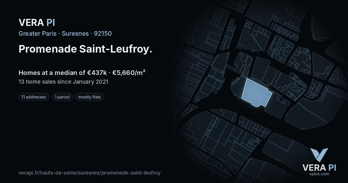Promenade Saint-Leufroy, Suresnes at night – every parcel coloured by the prices around it, the street's own parcels lit