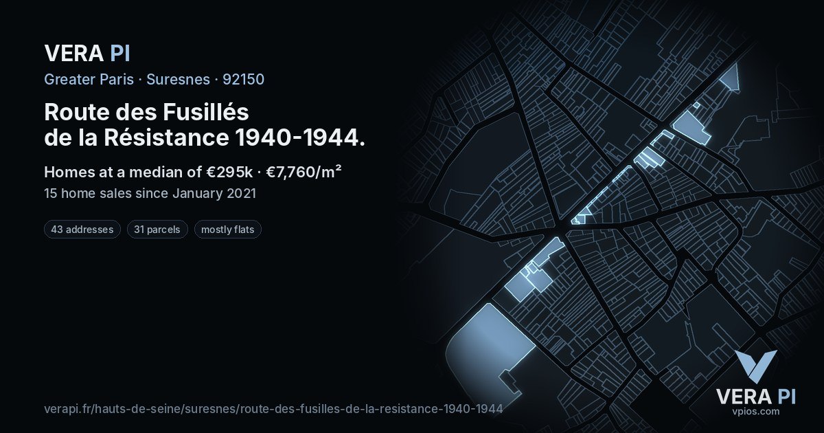 Route des Fusillés de la Résistance 1940-1944, Suresnes at night – every parcel coloured by the prices around it, the street's own parcels lit