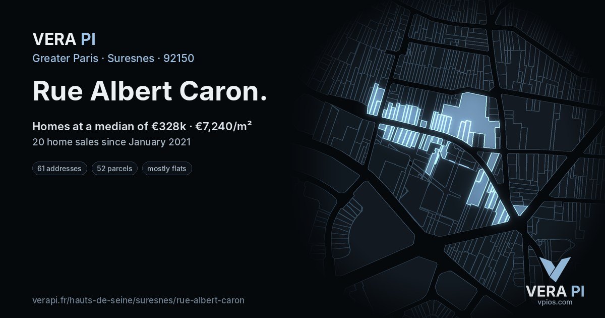 Rue Albert Caron, Suresnes at night – every parcel coloured by the prices around it, the street's own parcels lit