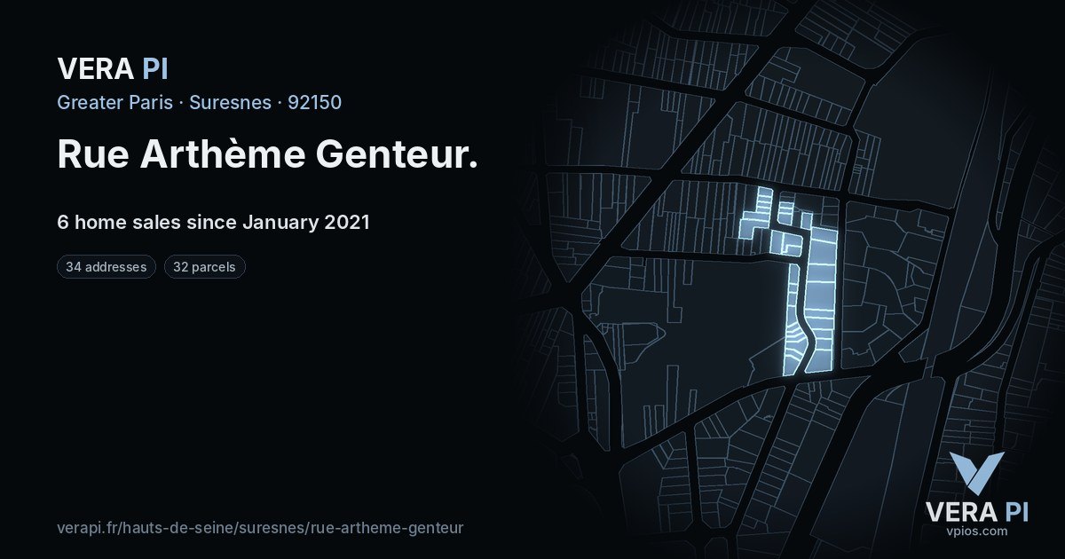 Rue Arthème Genteur, Suresnes at night – every parcel coloured by the prices around it, the street's own parcels lit