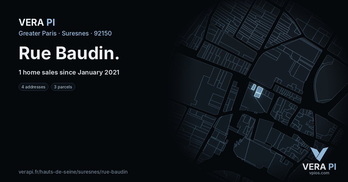 Rue Baudin, Suresnes at night – every parcel coloured by the prices around it, the street's own parcels lit
