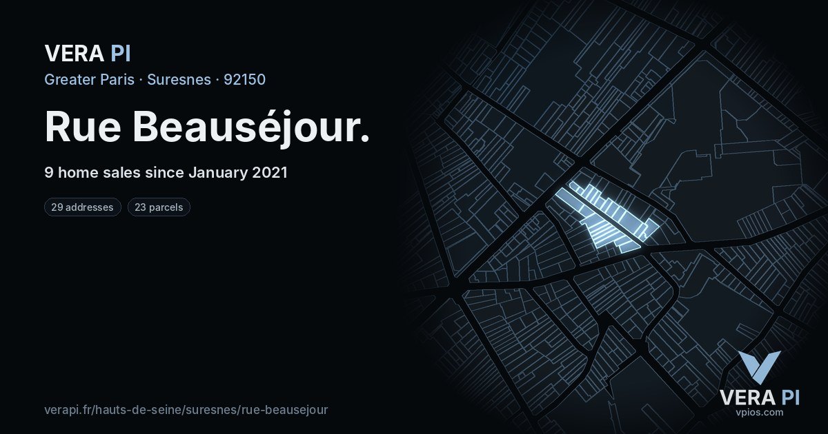 Rue Beauséjour, Suresnes at night – every parcel coloured by the prices around it, the street's own parcels lit