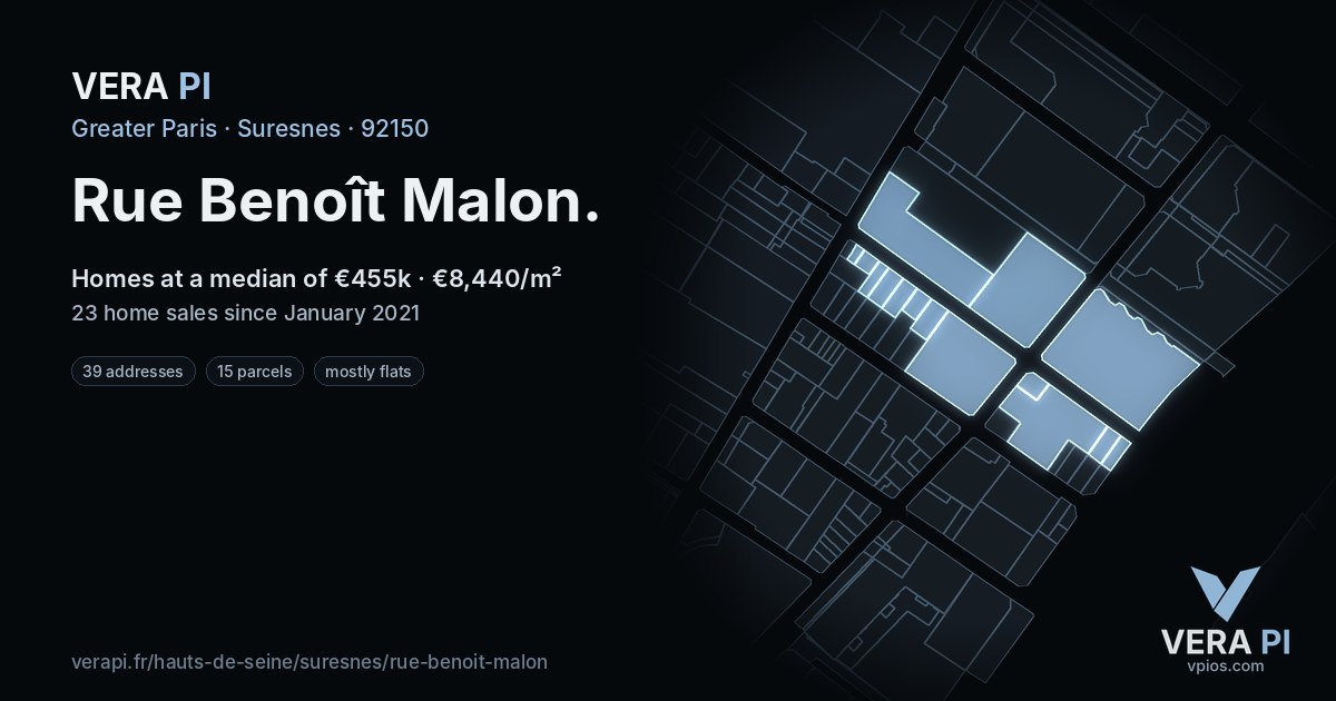 Rue Benoît Malon, Suresnes at night – every parcel coloured by the prices around it, the street's own parcels lit