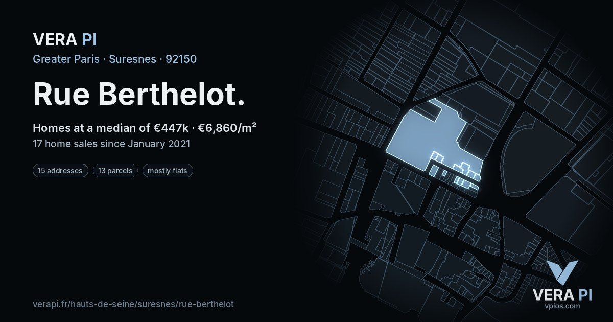 Rue Berthelot, Suresnes at night – every parcel coloured by the prices around it, the street's own parcels lit