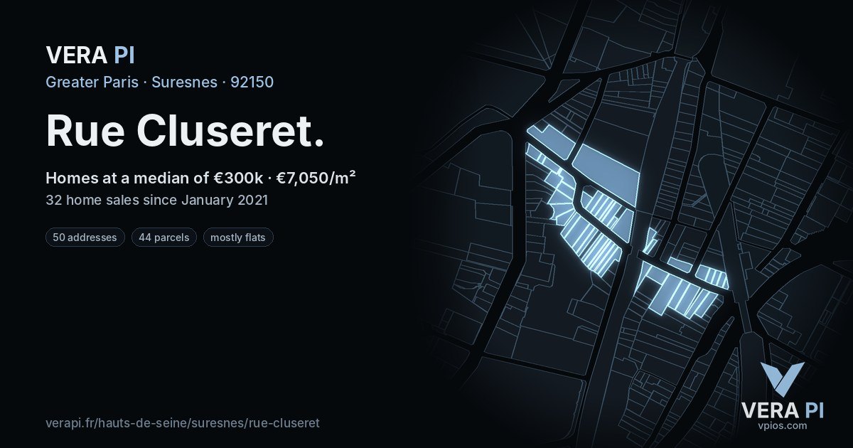 Rue Cluseret, Suresnes at night – every parcel coloured by the prices around it, the street's own parcels lit