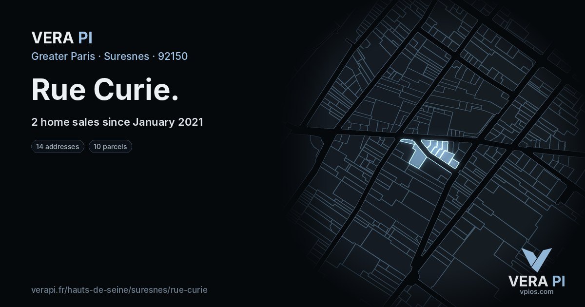 Rue Curie, Suresnes at night – every parcel coloured by the prices around it, the street's own parcels lit