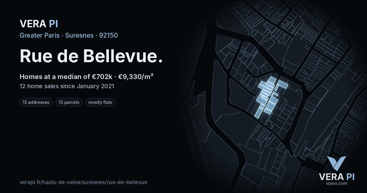 Rue de Bellevue, Suresnes at night – every parcel coloured by the prices around it, the street's own parcels lit
