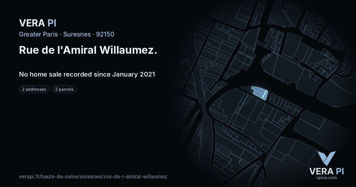 Rue de l'Amiral Willaumez, Suresnes at night – every parcel coloured by the prices around it, the street's own parcels lit