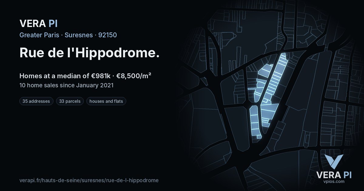 Rue de l'Hippodrome, Suresnes at night – every parcel coloured by the prices around it, the street's own parcels lit