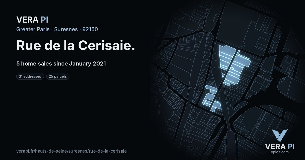 Rue de la Cerisaie, Suresnes at night – every parcel coloured by the prices around it, the street's own parcels lit