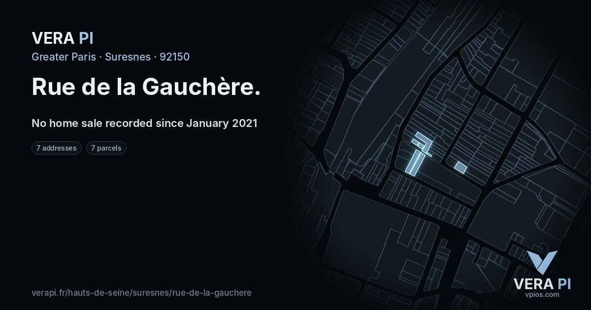 Rue de la Gauchère, Suresnes at night – every parcel coloured by the prices around it, the street's own parcels lit