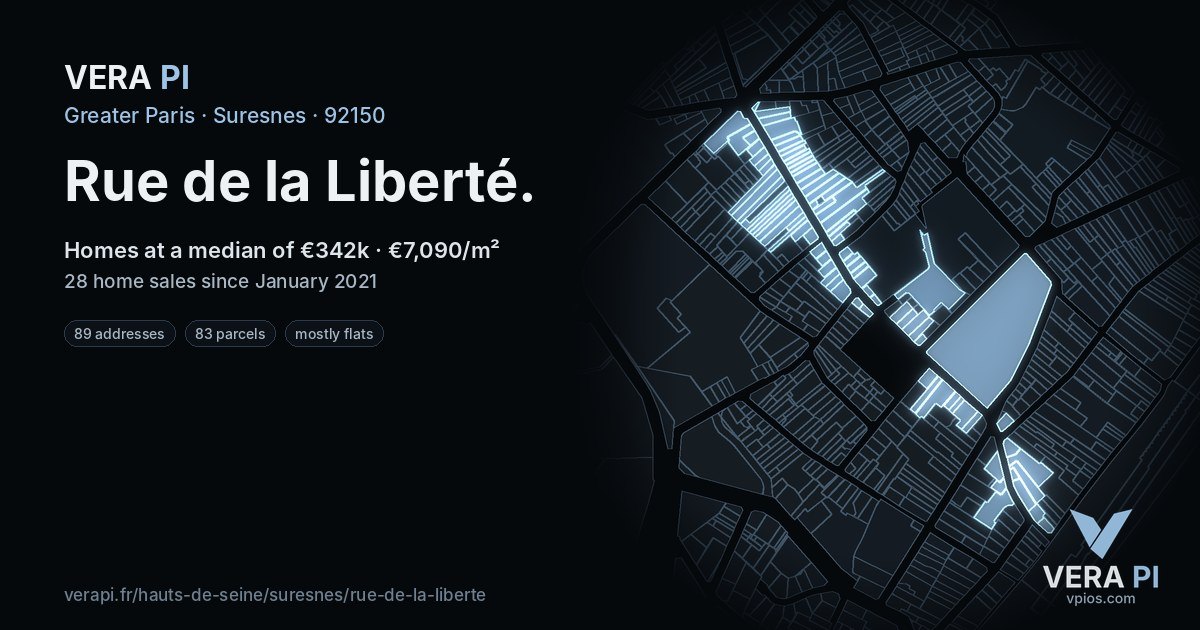 Rue de la Liberté, Suresnes at night – every parcel coloured by the prices around it, the street's own parcels lit