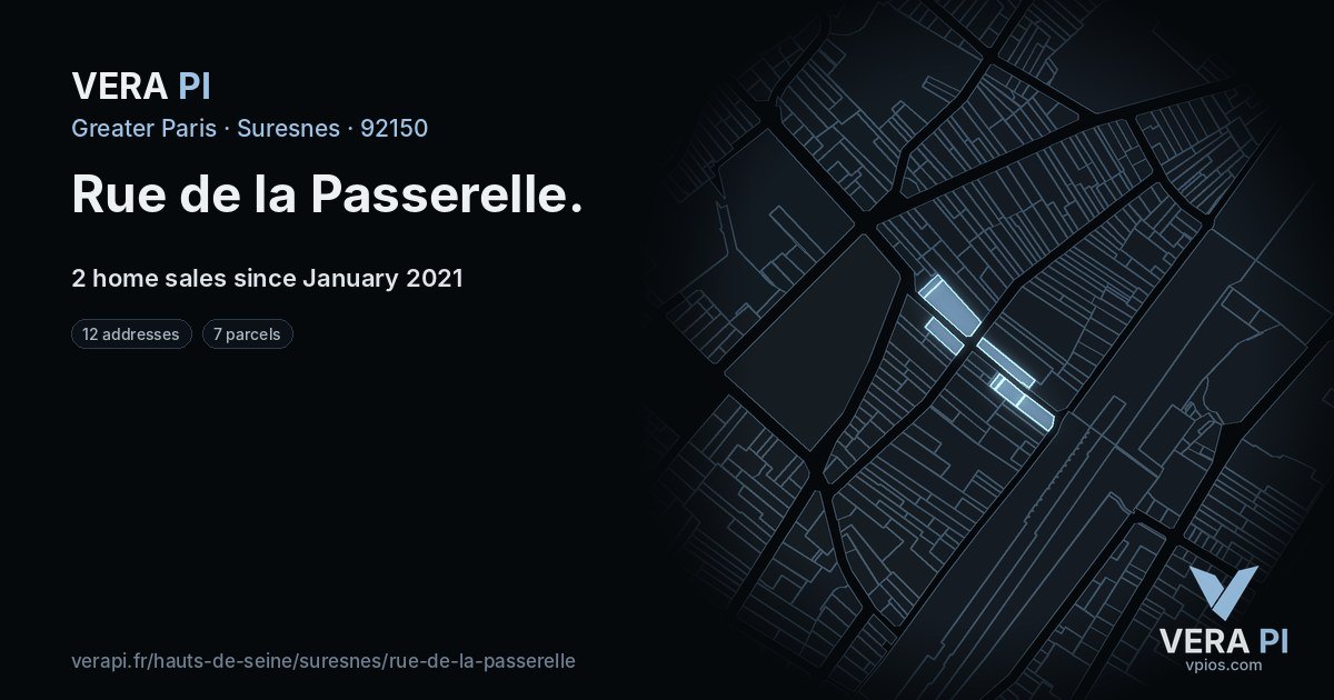 Rue de la Passerelle, Suresnes at night – every parcel coloured by the prices around it, the street's own parcels lit