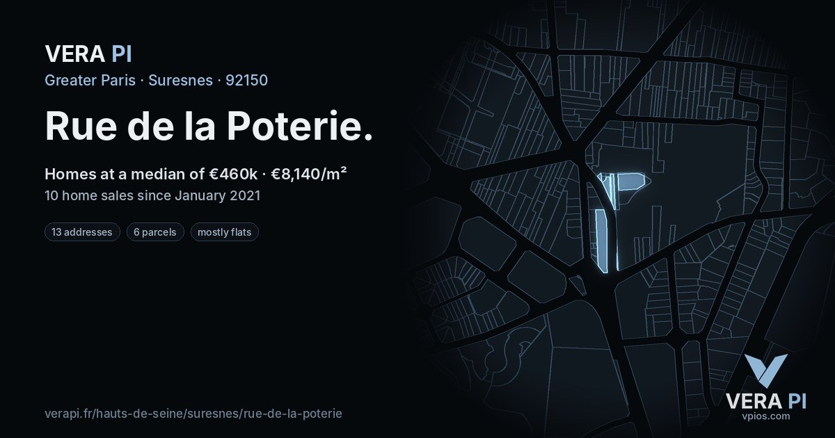Rue de la Poterie, Suresnes at night – every parcel coloured by the prices around it, the street's own parcels lit