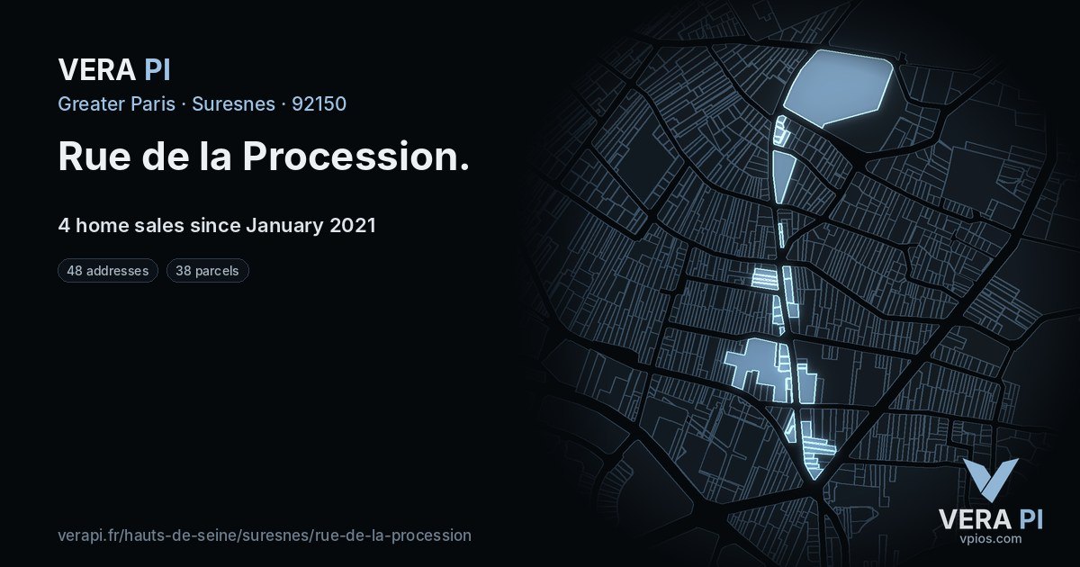 Rue de la Procession, Suresnes at night – every parcel coloured by the prices around it, the street's own parcels lit
