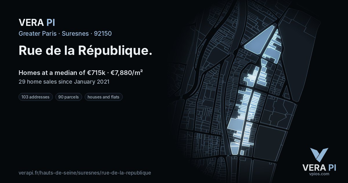 Rue de la République, Suresnes at night – every parcel coloured by the prices around it, the street's own parcels lit