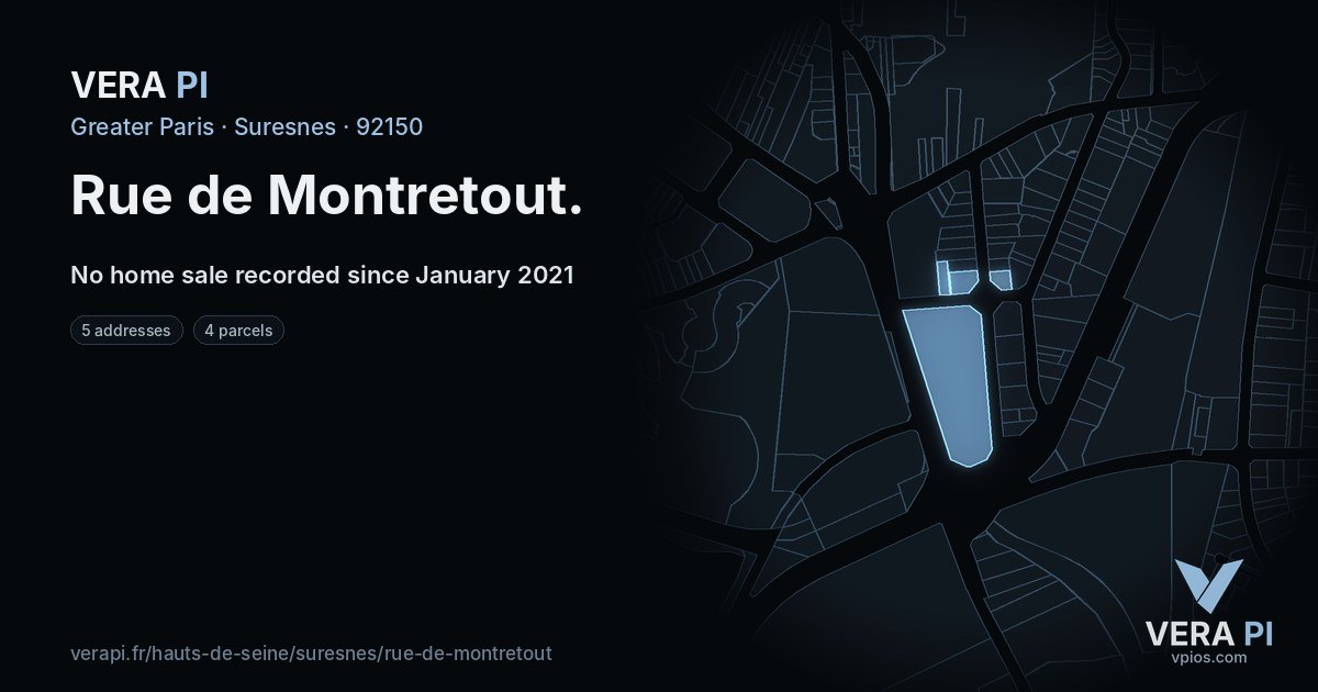 Rue de Montretout, Suresnes at night – every parcel coloured by the prices around it, the street's own parcels lit