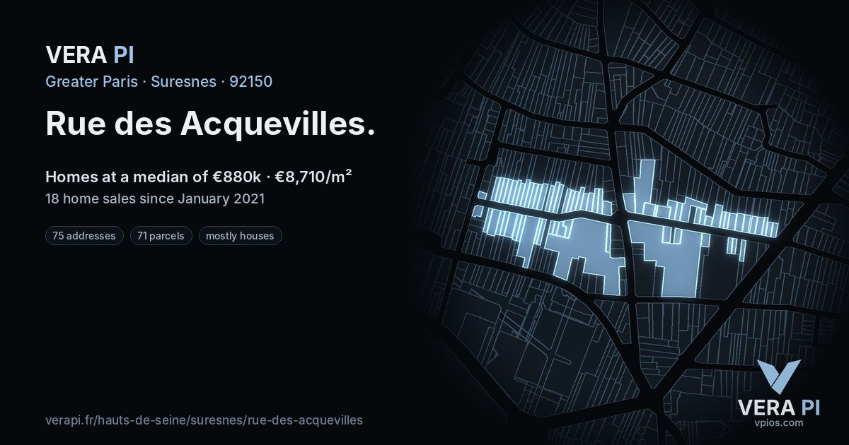 Rue des Acquevilles, Suresnes at night – every parcel coloured by the prices around it, the street's own parcels lit