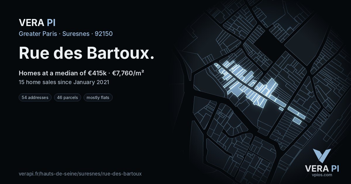 Rue des Bartoux, Suresnes at night – every parcel coloured by the prices around it, the street's own parcels lit