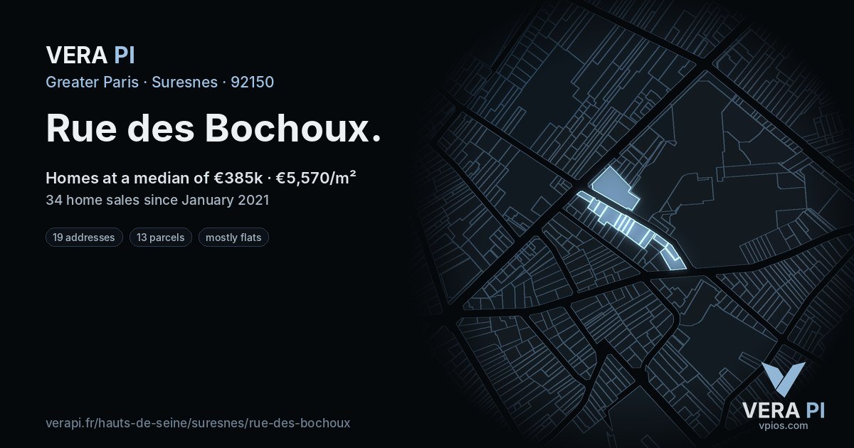 Rue des Bochoux, Suresnes at night – every parcel coloured by the prices around it, the street's own parcels lit