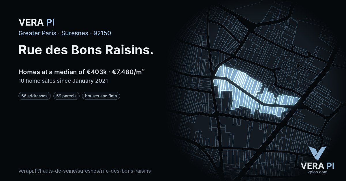 Rue des Bons Raisins, Suresnes at night – every parcel coloured by the prices around it, the street's own parcels lit