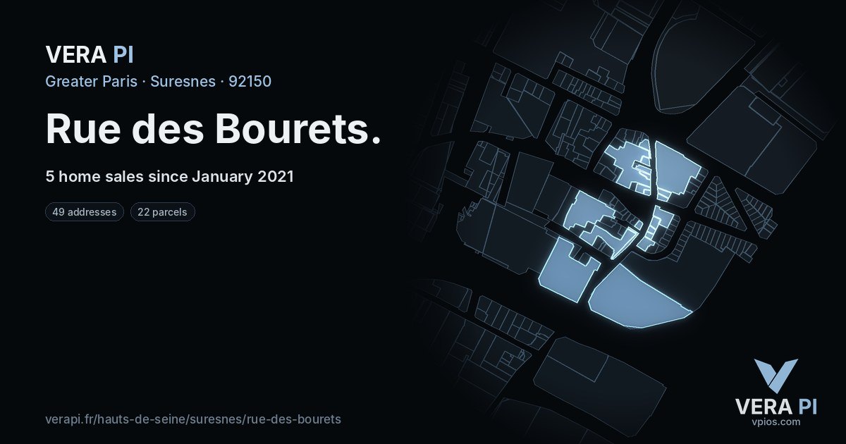 Rue des Bourets, Suresnes at night – every parcel coloured by the prices around it, the street's own parcels lit