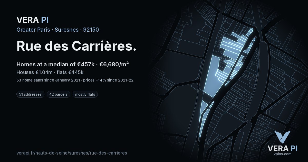 Rue des Carrières, Suresnes at night – every parcel coloured by the prices around it, the street's own parcels lit