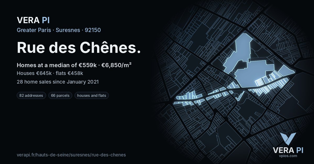 Rue des Chênes, Suresnes at night – every parcel coloured by the prices around it, the street's own parcels lit