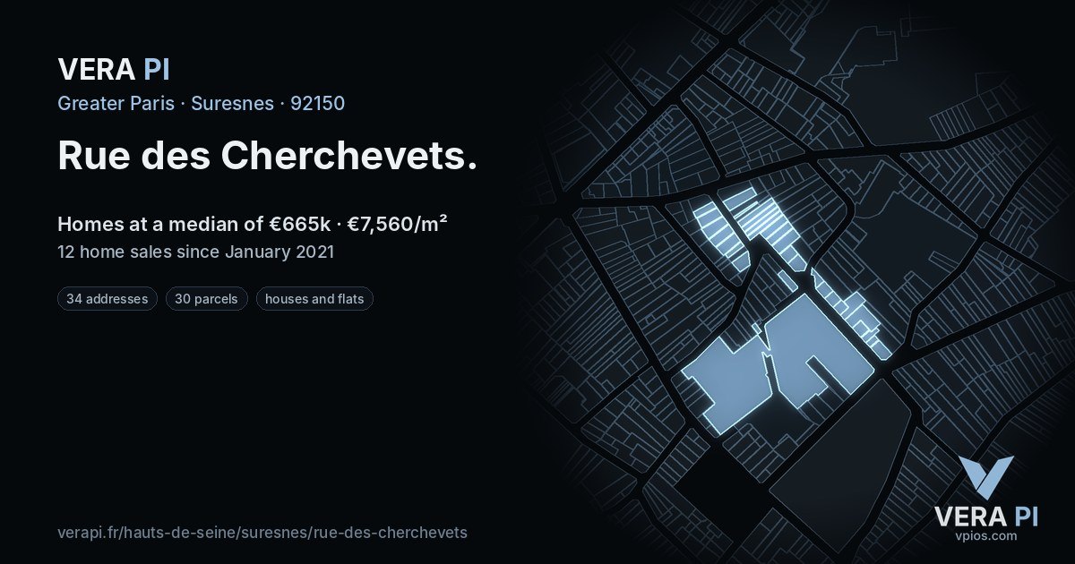 Rue des Cherchevets, Suresnes at night – every parcel coloured by the prices around it, the street's own parcels lit