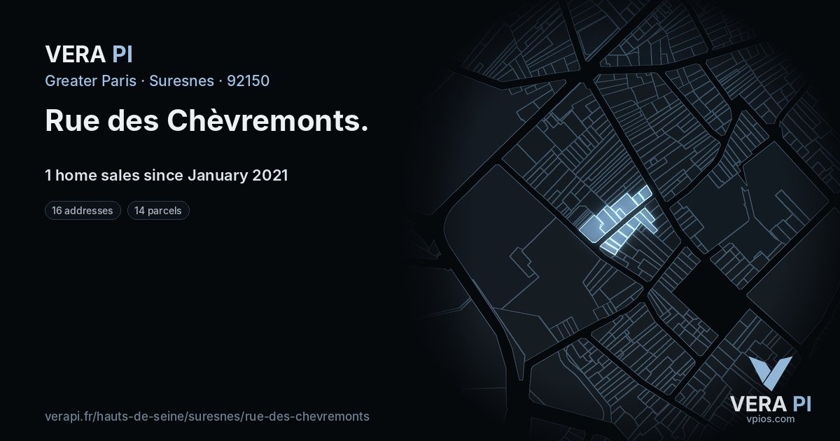 Rue des Chèvremonts, Suresnes at night – every parcel coloured by the prices around it, the street's own parcels lit