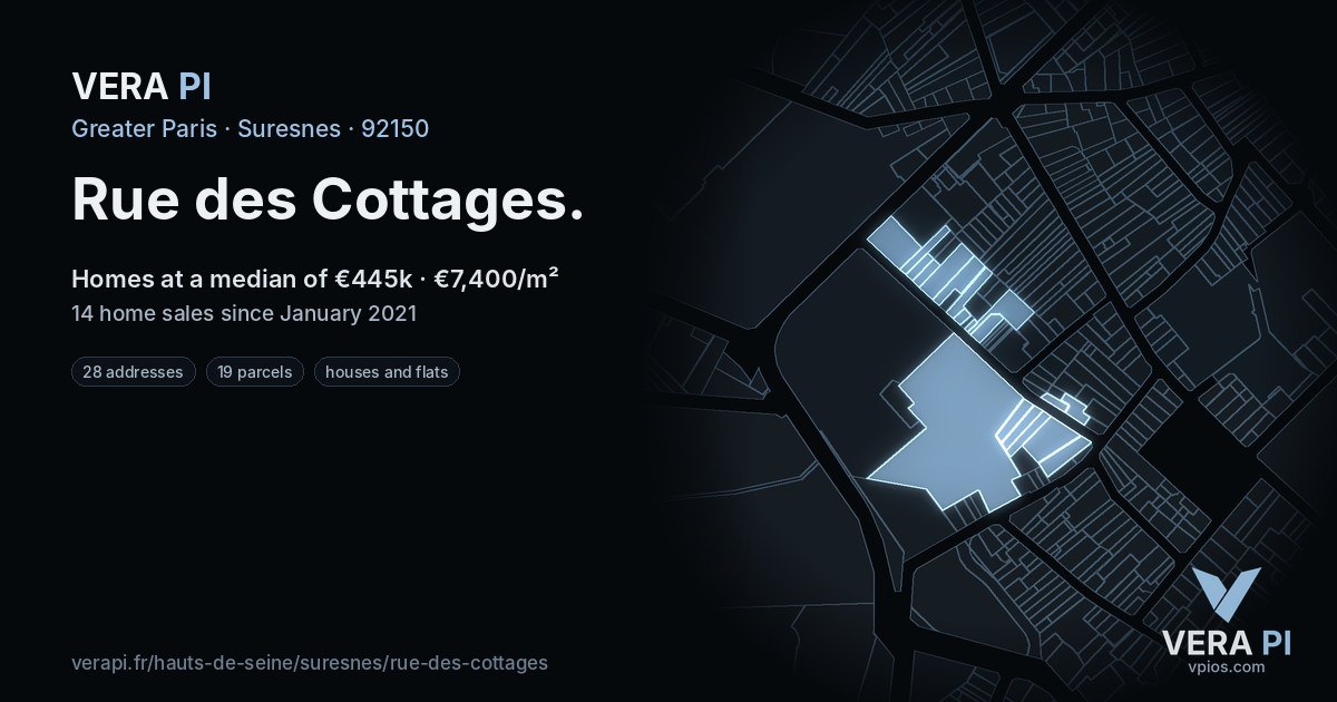 Rue des Cottages, Suresnes at night – every parcel coloured by the prices around it, the street's own parcels lit