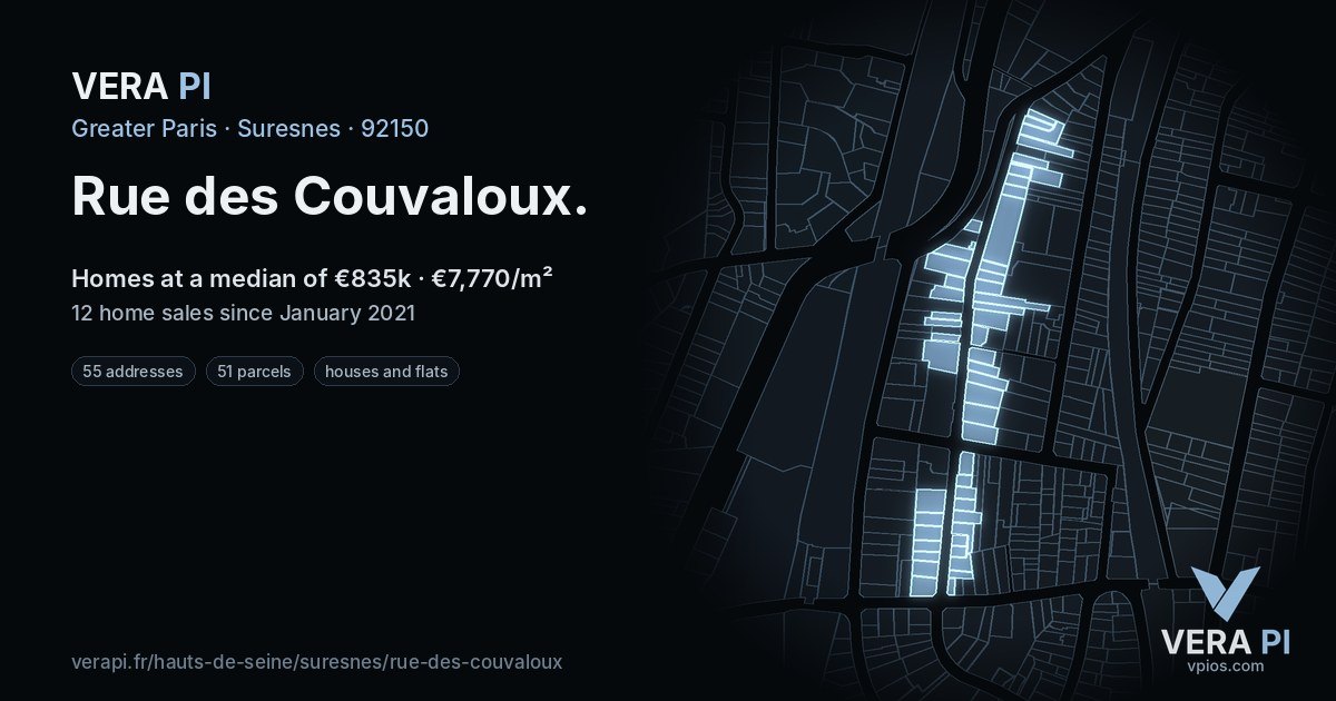 Rue des Couvaloux, Suresnes at night – every parcel coloured by the prices around it, the street's own parcels lit