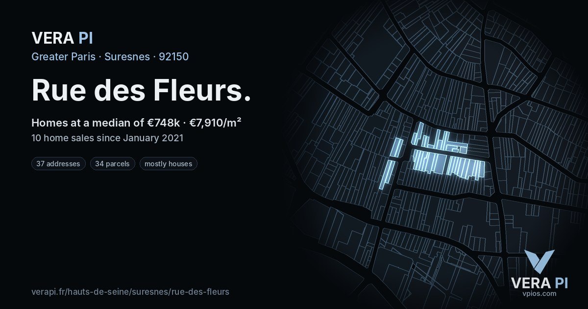 Rue des Fleurs, Suresnes at night – every parcel coloured by the prices around it, the street's own parcels lit