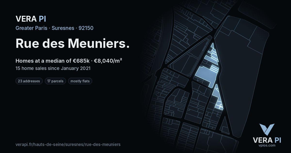 Rue des Meuniers, Suresnes at night – every parcel coloured by the prices around it, the street's own parcels lit