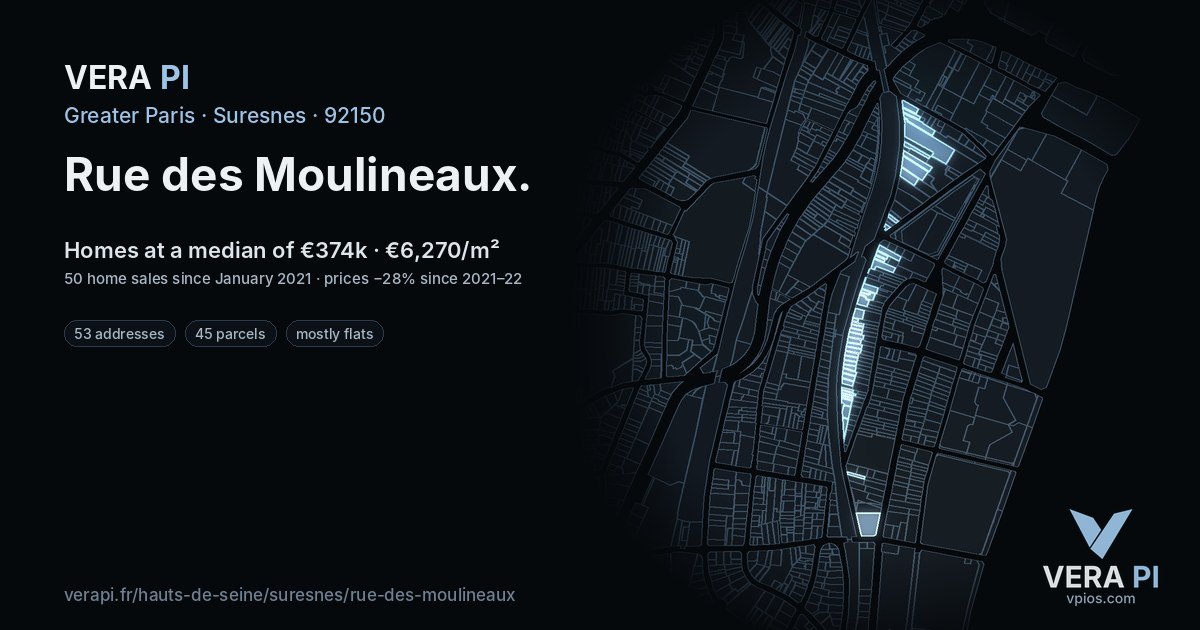 Rue des Moulineaux, Suresnes at night – every parcel coloured by the prices around it, the street's own parcels lit