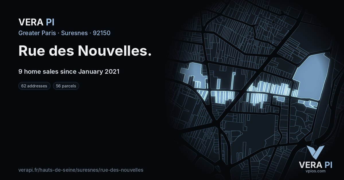 Rue des Nouvelles, Suresnes at night – every parcel coloured by the prices around it, the street's own parcels lit
