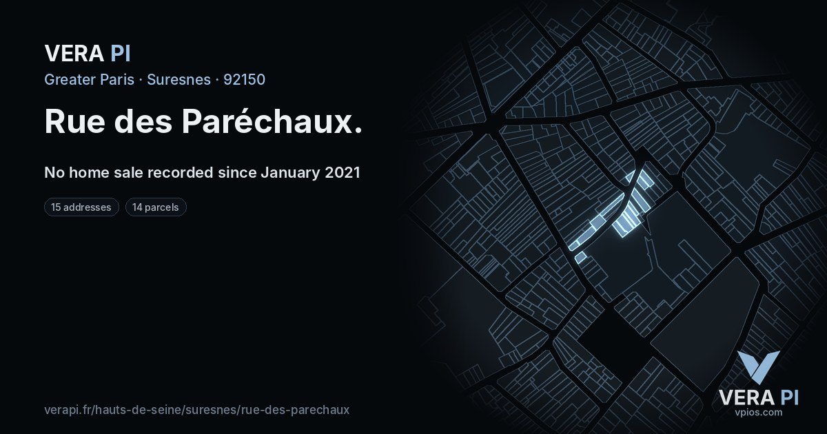 Rue des Paréchaux, Suresnes at night – every parcel coloured by the prices around it, the street's own parcels lit