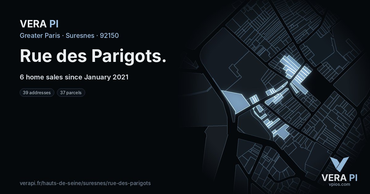 Rue des Parigots, Suresnes at night – every parcel coloured by the prices around it, the street's own parcels lit