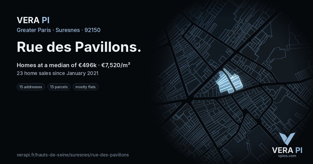 Rue des Pavillons, Suresnes at night – every parcel coloured by the prices around it, the street's own parcels lit