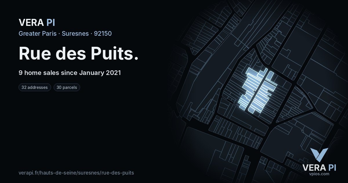Rue des Puits, Suresnes at night – every parcel coloured by the prices around it, the street's own parcels lit