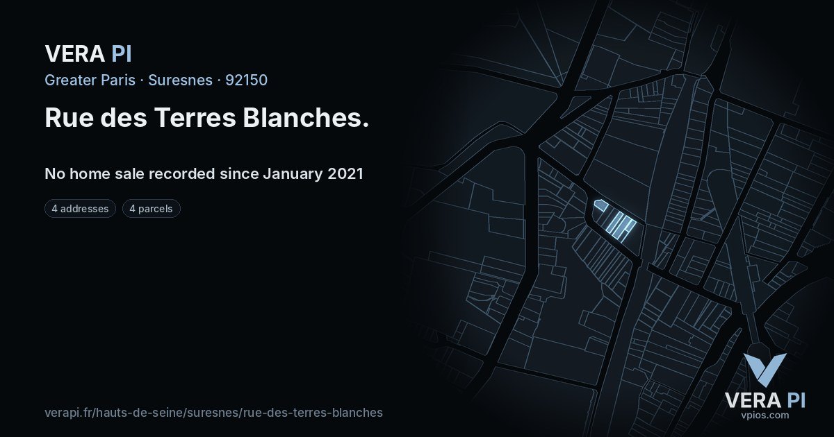 Rue des Terres Blanches, Suresnes at night – every parcel coloured by the prices around it, the street's own parcels lit