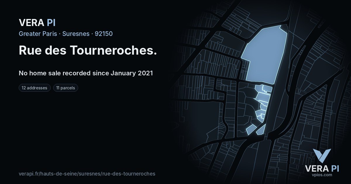 Rue des Tourneroches, Suresnes at night – every parcel coloured by the prices around it, the street's own parcels lit