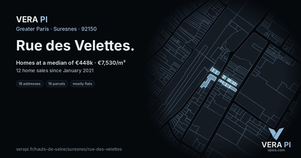 Rue des Velettes, Suresnes at night – every parcel coloured by the prices around it, the street's own parcels lit