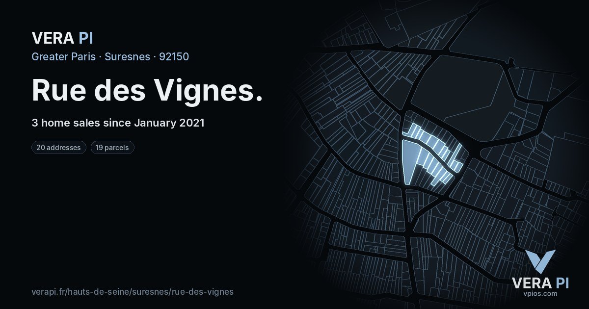 Rue des Vignes, Suresnes at night – every parcel coloured by the prices around it, the street's own parcels lit