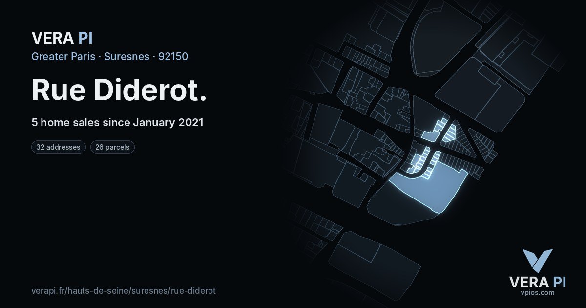 Rue Diderot, Suresnes at night – every parcel coloured by the prices around it, the street's own parcels lit